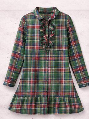 Ralph Lauren Girls Plaid Flannel Dress Size 14 Green Ruffle Button Front Holiday